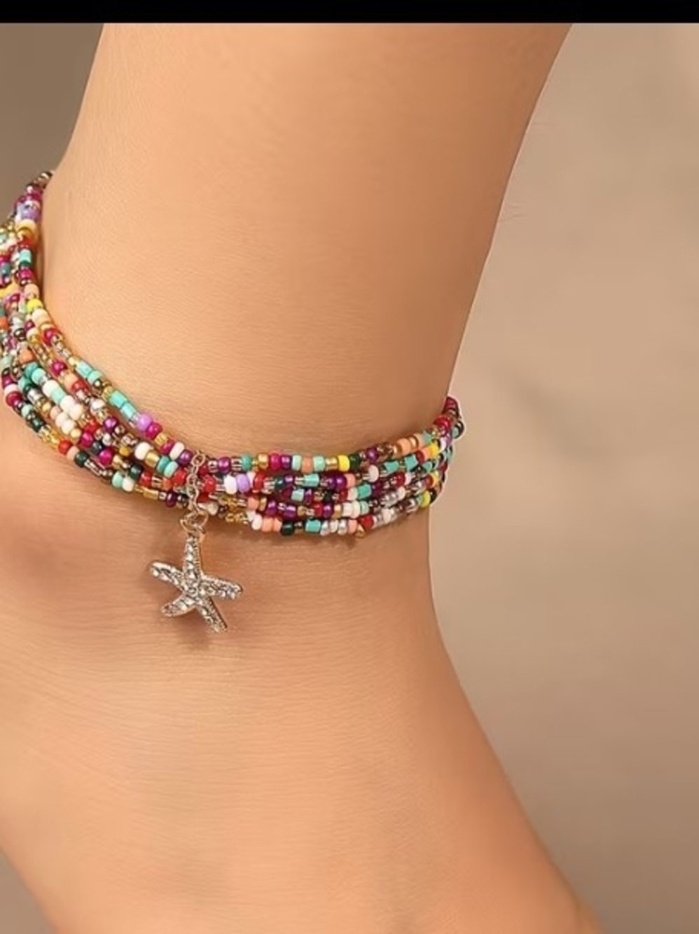 Multicolor Beaded Anklet with Starfish Charm - Women Jewelry